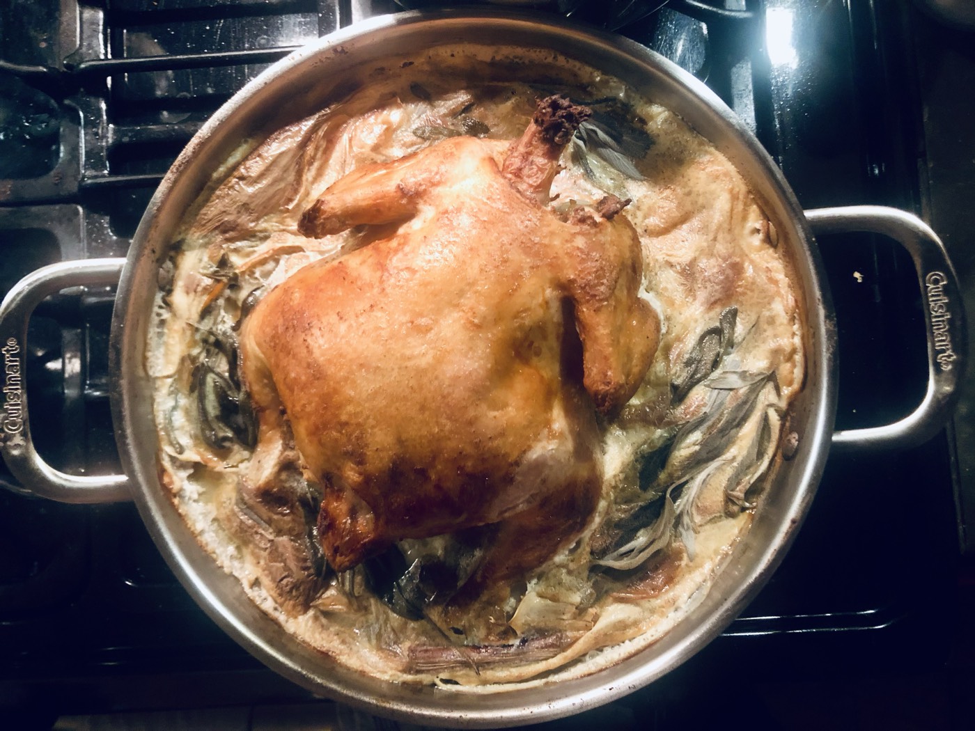 Golden roasted chicken in curdled milk sauce with sage after 90 minutes in the oven