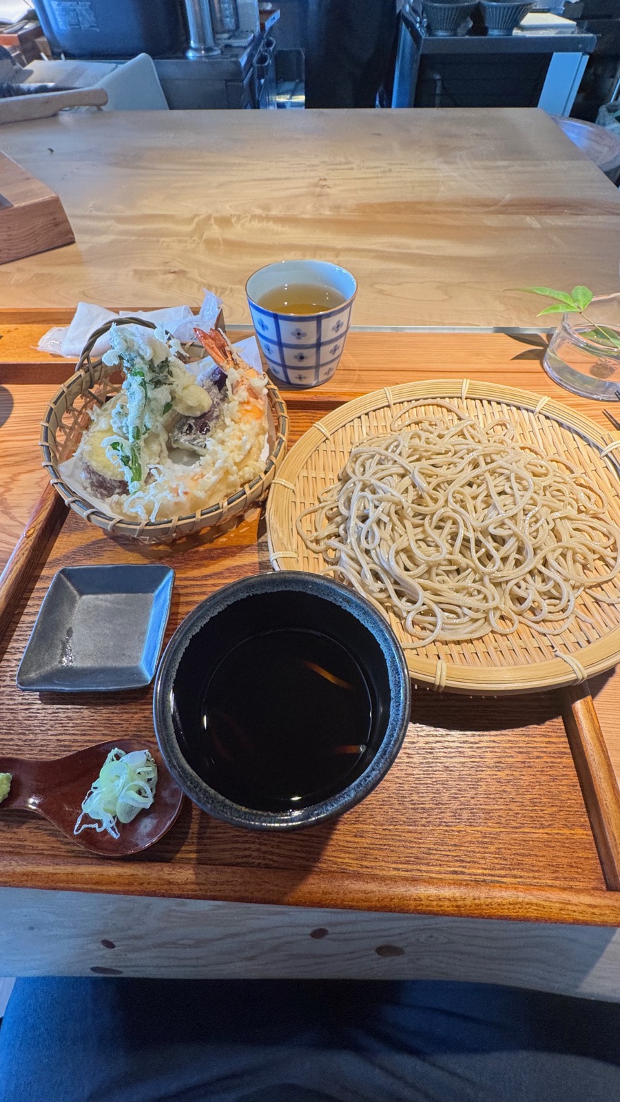 Zaru soba with tempura set at RYOMA &mdash; cold buckwheat noodles, tsuyu, fresh wasabi